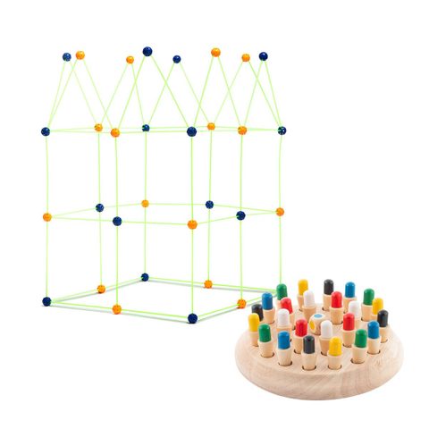 Innovagoods Jeu éducatif Pack Ajedrez De Memoria De Madera + Kit Construction Forts