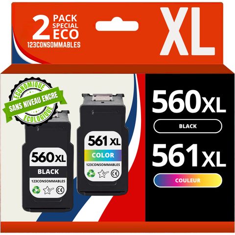 123consommables Pack 2 Cartouches Compatibles Avec Canon Pg-560 Xl/cl-561 Xl - Sans Niveau
