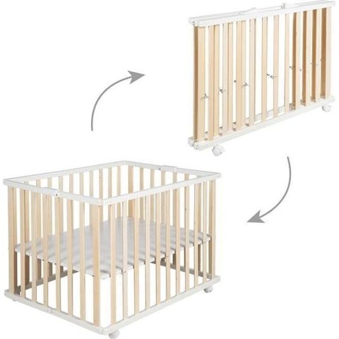 Roba Parc Bébé Pliant - 75 X 100 Cm - Réglable En Hauteur - Roulettes - Bois
