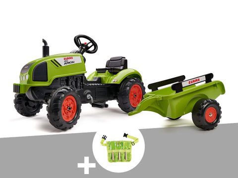 Falk Tracteur enfant Claas Arion 410 avec remorque 2 à 5 ans + ceinture avec outils de jardin enfants