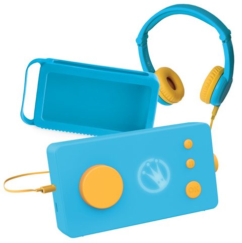 Lunii Ma fabrique à histoires bleue avec son casque assorti bleu et aa coque