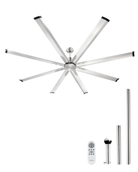 Vevor Ventilateur plafond sans lumière 214 cm, 8 pales alu, télécommande. Moteur CC, nickel brossé