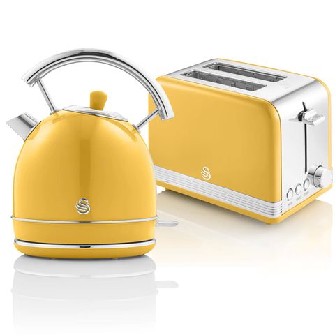 Swan Retro Set Petit-déjeuner Bouilloire 1,8l Sans Fil, Grille-pain 2 Larges Tranches Stp7050yelneu 850w