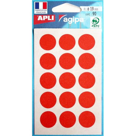 Apli Pochette De 90 Pastilles Rouges - 19 Mm - Adhésif Permanent - Écriture Manuelle