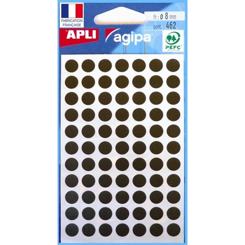Apli Pochette De 462 Pastilles Noires - 8 Mm - Adhésif Permanent - Écriture Manuelle