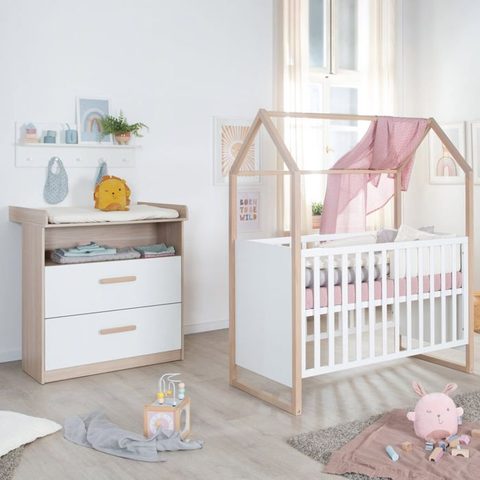 Roba Chambre Bébé Duo: Lit 60 X 120 Cm + Commode A Langer Évolutive - Cabane - Chene