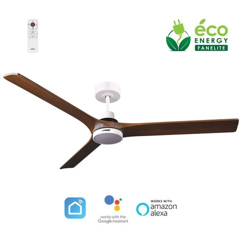 Fanelite Ventilateur de plafond 142 cm blanc et bois ARUBA - Moteur DC 35W - LED 20W dimmable 3 couleurs - Wifi - Silencieux