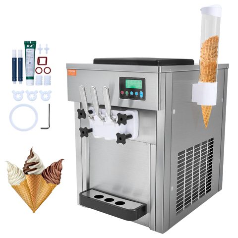 Vevor Machine à crème glacée 20 L h 1800W, 3 saveurs, trémie 2x4L, pré-refroidissement, auto-nettoyage