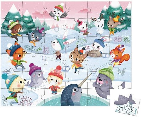 Juratoys-janod Puzzle en carton 36 pièces: Bataille de boules de neige avec des animaux joyeux
