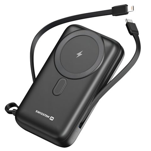 Swissten Powerbank Magsafe 20000mah Avec Câble Usb-c / Lightning Intégrés Qi 20w Compact Noir