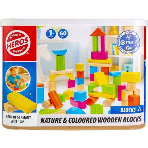 Heros Blocs de construction en bois colorés 100 % certifié FSC - 60 pièces - Dès 1 ans