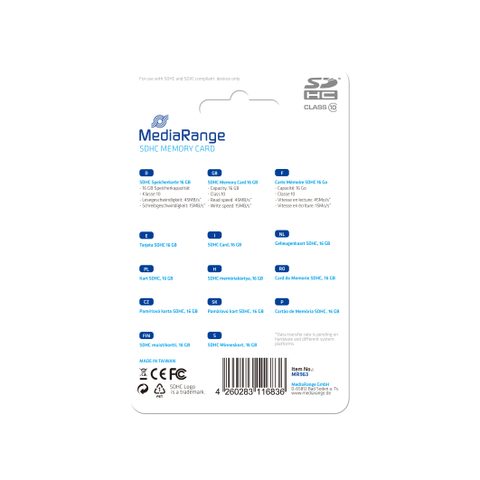 Mediarange Carte mémoire MR963 16 GB SDHC Classe 10