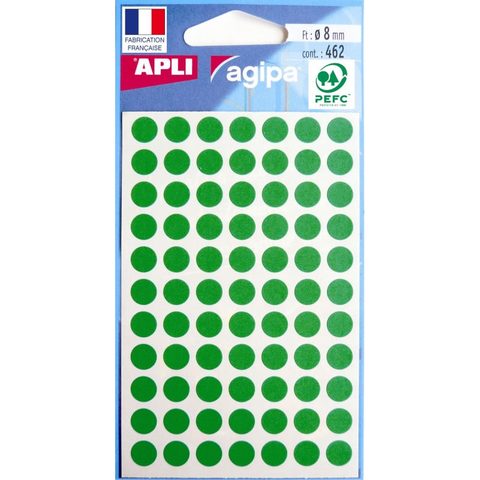 Apli Pochette De 462 Pastilles Vertes - 8 Mm - Adhésif Permanent - Écriture Manuelle