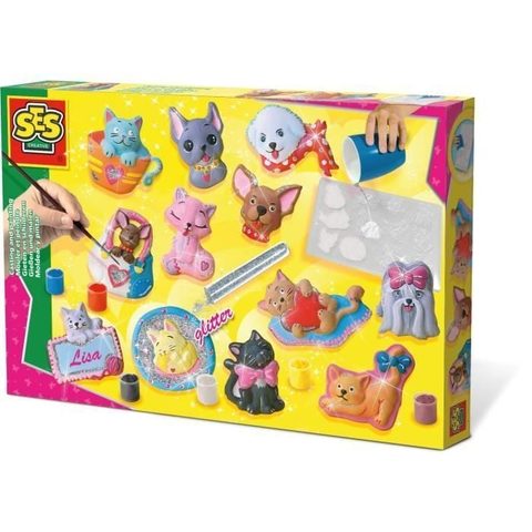 Ses Creative Moulage En Plâtre Chiens Et Chats - Jaune, Vert Et Rose - Enfant - Plus De 5 Ans
