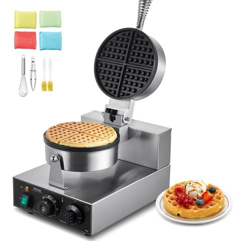 Vevor Gaufrier commercial 1230W, appareil gaufre ronde inox antiadhésive, contrôle temperature temps