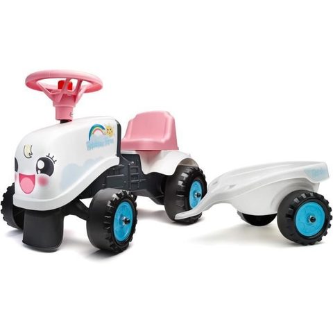 Falk Porteur Tracteur Rainbow Farm - Volant directionnel avec klaxon - Blanc et Rose - 100% Fabriqué en France - Dès 12 mois
