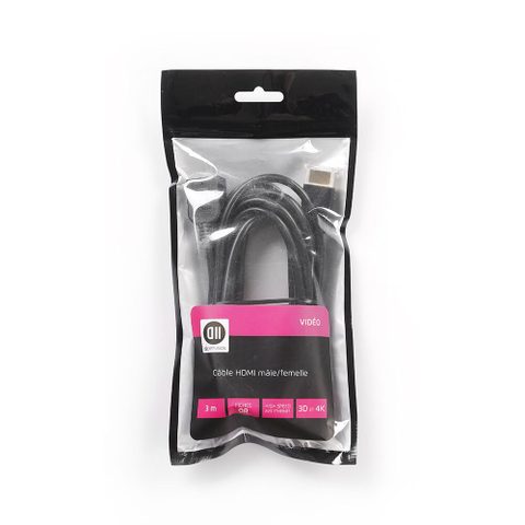 D2 Diffusion Rallonge Hdmi Mâle/femelle 3m Plaqué Or, 4k, Awg 30 Vendu En Sachet