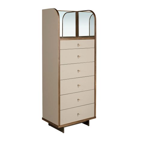 Angel Cerda Commode en similicuir, noyer et acier poli avec miroir