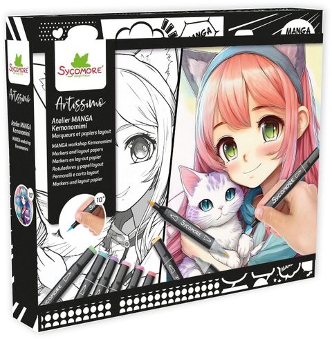 Sycomore Kit Atelier Manga Kemonomimi Feutres À Alcool 10 Panneaux Papier Spécial Dès 10 Ans