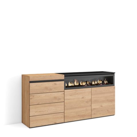 Skraut Home Commode buffet armoire 157x35x75cm feu led sans chaleur couleur chêne
