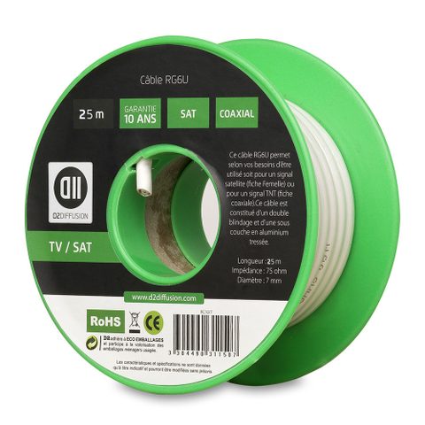 D2 Diffusion Bobine De Câble Coaxial 25 M Blanc Diamètre 7mm