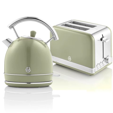 Swan Retro Set Petit-Déjeuner Bouilloire 1,8L Sans fil, Grille-Pain 2 Larges Tranches, 850W, STP7050GNEU