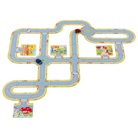 Goki Puzzle De Sol Routes Avec 2 Véhicules - Jouet En Carton