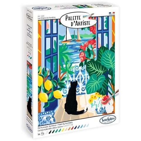 Sentosphere Peinture acrylique - Palette Dartiste - Le chat à la fenêtre - Peinture à numéro pour adulte - Tableau toilée
