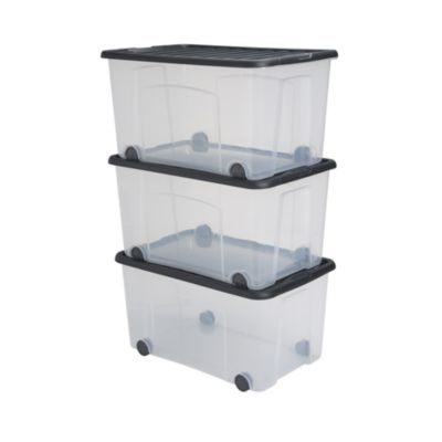 Sundis 3 Boîtes de rangement en polypropylène et acier carbone transparent, 60 L, H.31 x l.38 x P.57,7 cm