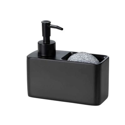 Wenko Distributeur de savon avec porte éponge Noir, L. 14.5 x l. 6 x H. 14.3 cm