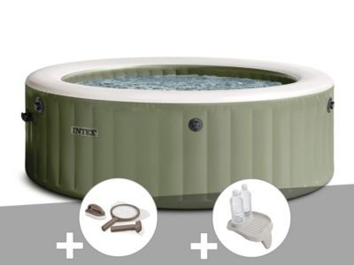 Intex Kit spa gonflable PureSpa Olive rond Bulles 6 places + Kit d'entretien + Porte-verre