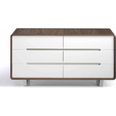 Angel Cerda Commode bois 6 tiroirs laqué inserts et pieds acier inoxydable chromé 150 x 70 x 49 cm Noyer