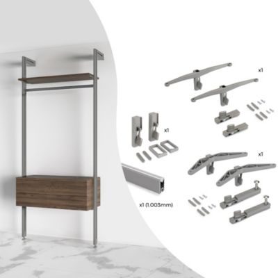 Emuca Kit de fixation pour 1 étagère en bois- 1 module et 1 tringle de suspension longueur 1m Zero- Zamak- Gris pierre peint