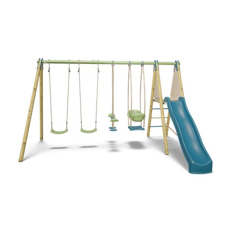 Aleo BY Trigano Portique balançoire bois / métal - 6 agrès avec toboggan - KAHUNA 2