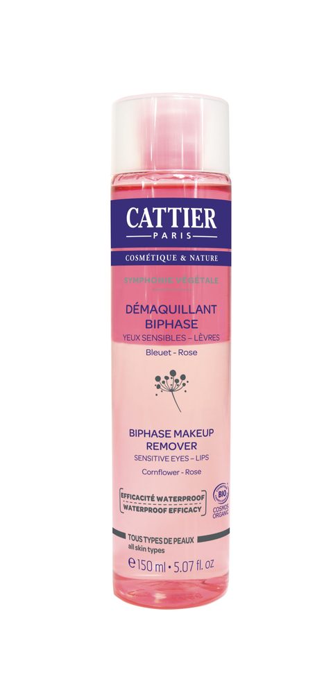Cattier démaquillant biphase yeux sensibles lèvres bleuet rose 150ml