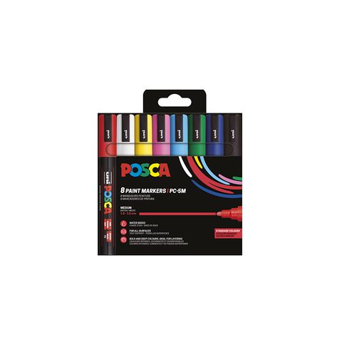 Posca Set de 8 marqueurs pointe conique moyenne - Couleurs basiques MARKER Blanc - Noir - Rouge - Bleu Foncé - Jaune - Vert Foncé