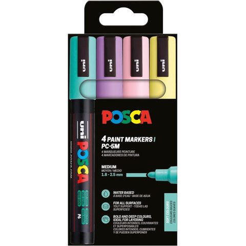 Posca Set de 4 marqueurs pointe conique moyenne Couleurs Douces - MARKER Rose Clair - Jaune Solei - Vert d'eau