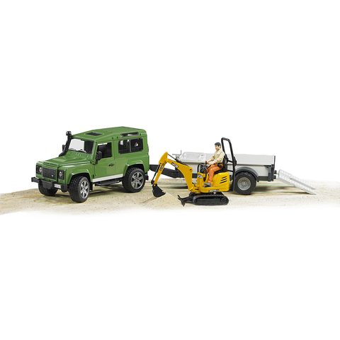 Bruder Véhicule Land Rover Defender avec une remorque, Mini Pelle JCB