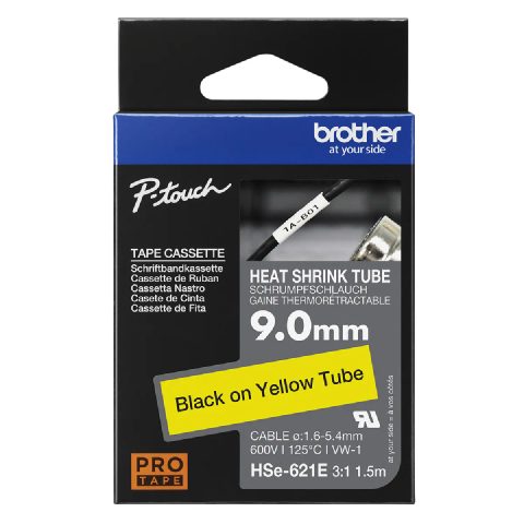 Brother Ruban thermorétractable HSe-621E 9,0 mm x 1,5 m noir sur jaune pour P-Touch