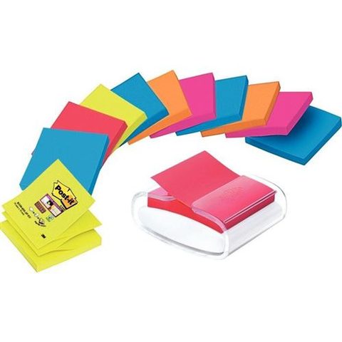 Post It Distributeur blanc de Z-Notes Pro Desk avec Z-Notes 76 x 76 mm Collections Bangkok et Bora-Bora Couleurs Assorties 12 x 100 feuilles PRO-W-12SSCOL-R330