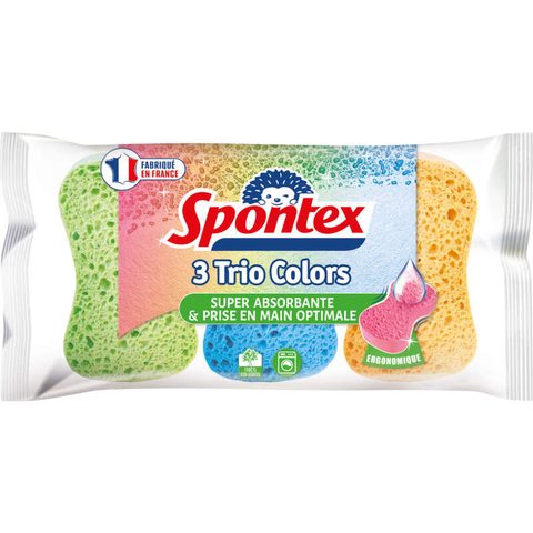 Spontex Éponges à Vaisselle Ergonomiques, Tricolores, Super Absorbantes, Lot de 3