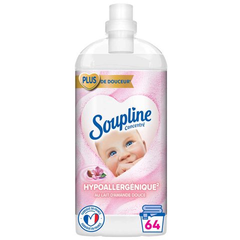 Soupline Adoucissant hypoallergénique pour bébé, Amande douce, Concentré, 64 lavages, 1,35 L