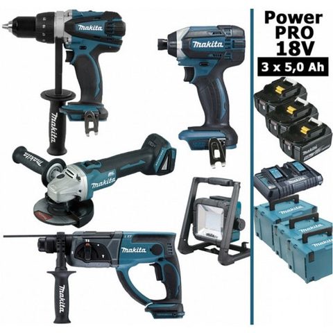 Makita France Pack Makita Power PRO 18V: Perceuse 91Nm DDF458 + Meuleuse 125mm DGA504 + Perforateur 2J DHR202 + Visseuse à chocs 165Nm DTD152