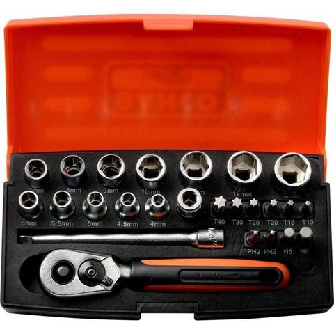 Bahco SL25 - C de douilles et accessoires 25 pièces, profil Dynamic Drive, cliquet 1/4" Orange pour garçon