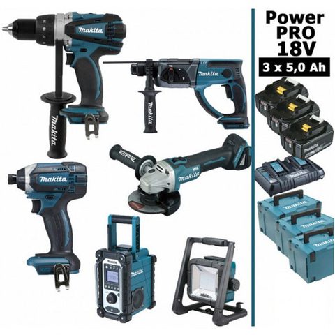 Makita France Pack Makita Power PRO 6 outils 18V: DDF458 + DTD152 + DGA504 + DHR202 + DMR108 + Projecteur + 3 batt 5Ah + 3 C