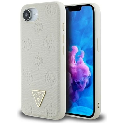 Guess Coque Grained Hot Stamp Pivoine Triangle Logo MagSafe pour iPhone 16e
