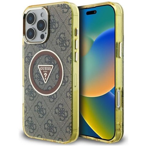 Guess Étui IML Metal Glitter 4G Circle Triangle MagSafe pour iPhone 16 Pro Marron