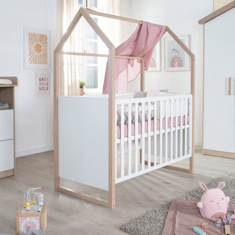 Rebo Lit bebe 2-en-1 ROBA Cabane 60 x 120 cm Chene/Blanc