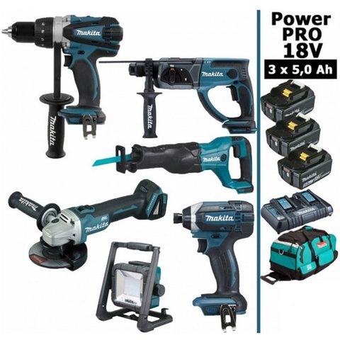 Makita France Pack Makita Power PRO 6 outils 18V: DDF458 + DHR202 + DGA504 + DTD152 + DJR186 + Projecteur + 3 batt 5Ah + sac