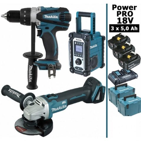 Makita France Pack Power PRO Makita 18V: Perceuse 91Nm DDF458 + Meuleuse 125mm DGA504 + Radio de chantier DMR108 + 3 batt 5Ah + 2 C